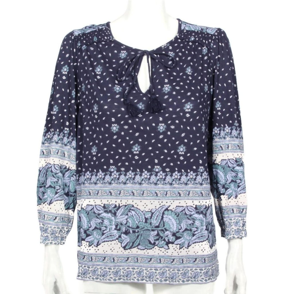 Lucky Brand Blue Print Knit Peasant Blouse Cottagecore Long Sleeve Top Sz M 252